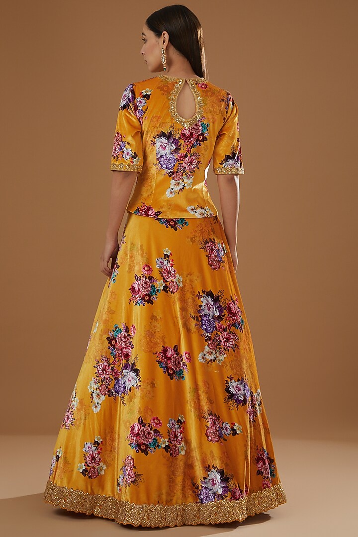 Mustard Velvet Floral Printed Wedding Lehenga Set by NITIKA GUJRAL at Pernia's Pop Up Shop