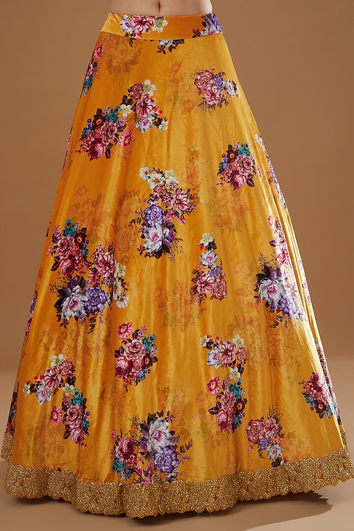 Mustard Velvet Floral Printed Wedding Lehenga Set by NITIKA GUJRAL at Pernia's Pop Up Shop
