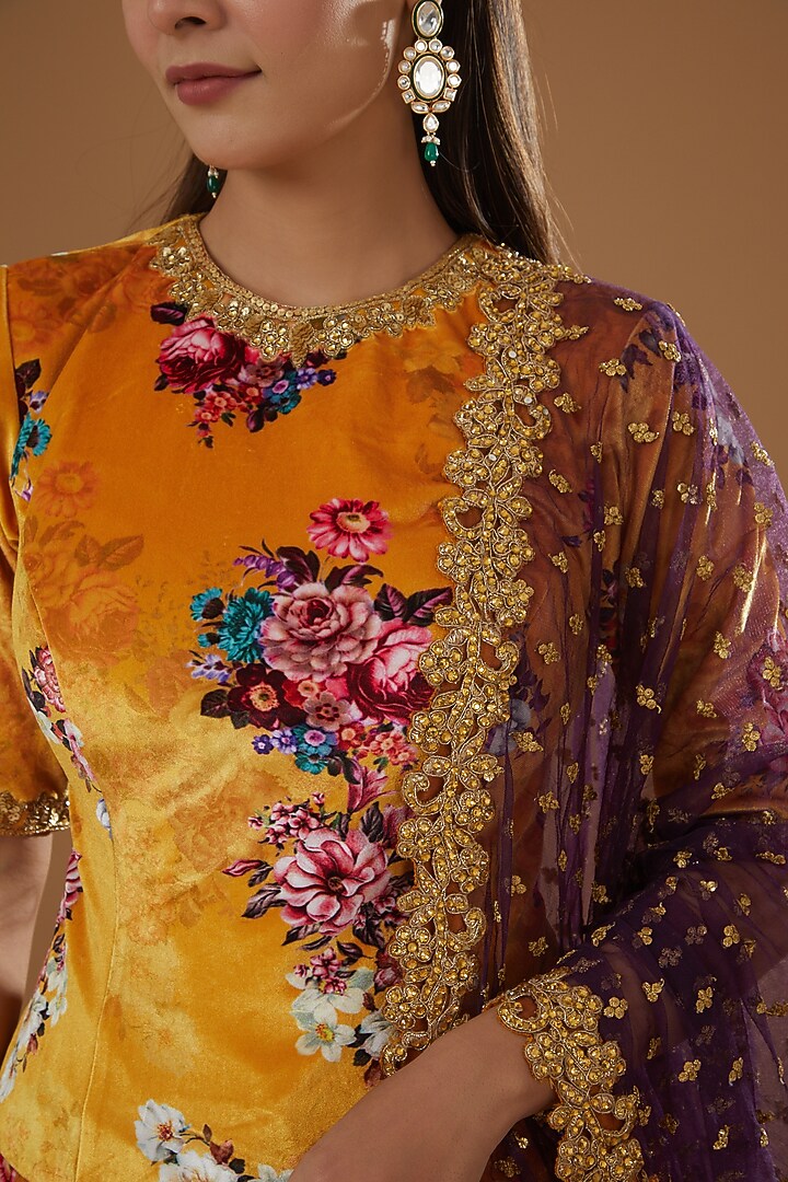 Mustard Velvet Floral Printed Wedding Lehenga Set by NITIKA GUJRAL at Pernia's Pop Up Shop