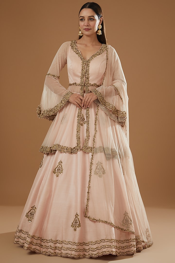 Blush Pink Raw Silk Embroidered Wedding Lehenga Set by NITIKA GUJRAL at Pernia's Pop Up Shop