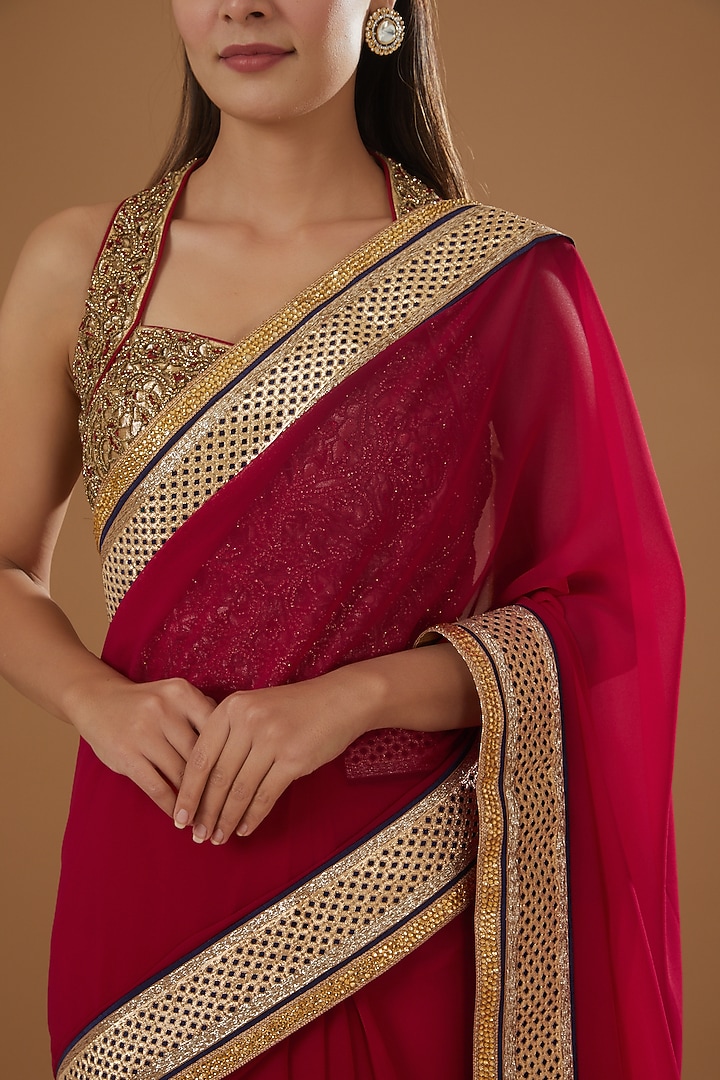 Red Georgette Embroidered Party Wear Saree Set by NITIKA GUJRAL at Pernia's Pop Up Shop