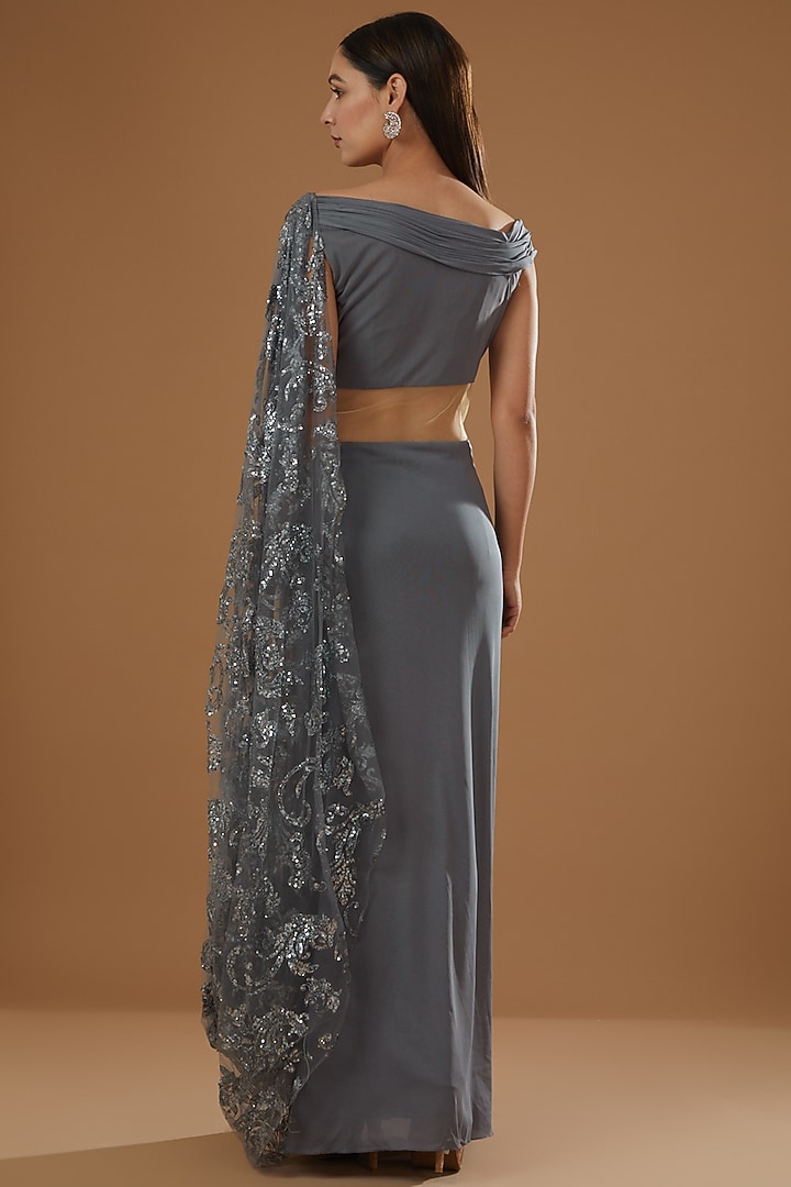 Grey Lycra Draped Party Wear Gown by NITIKA GUJRAL at Pernia's Pop Up Shop