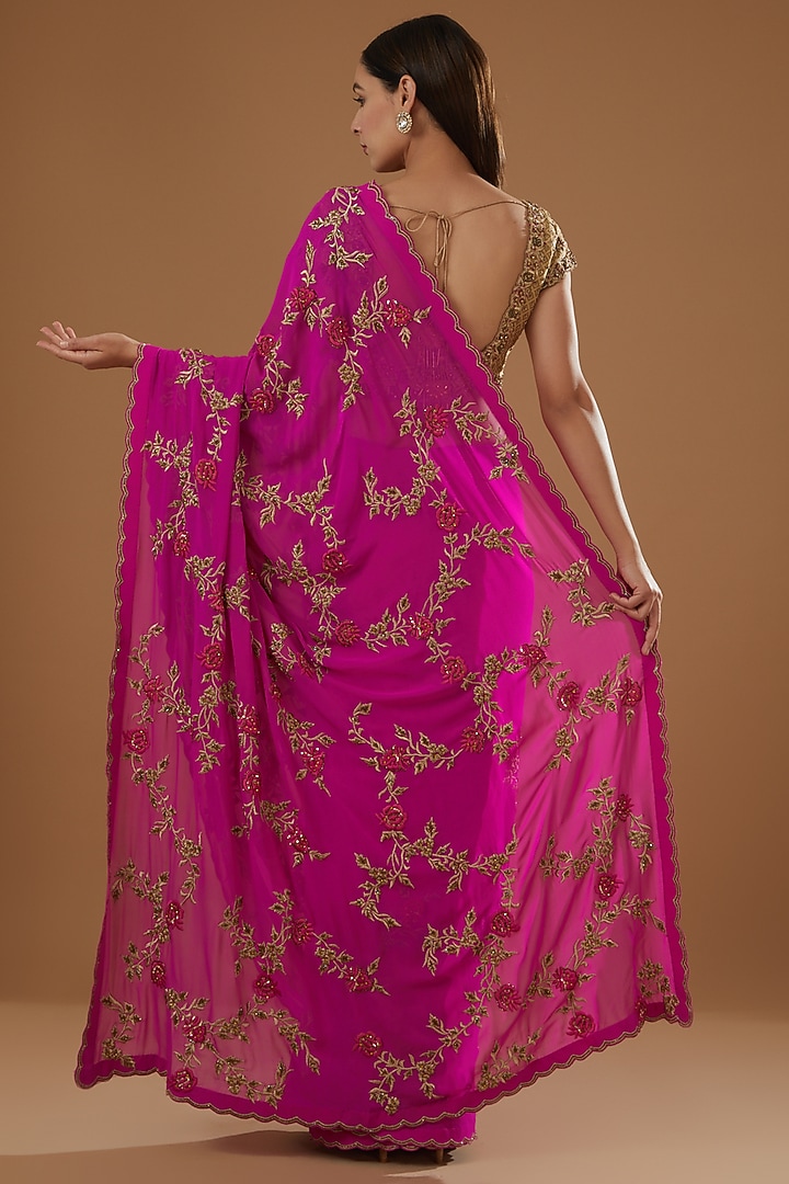 Fuchsia Georgette Embroidered Party Wear Saree Set by NITIKA GUJRAL at Pernia's Pop Up Shop
