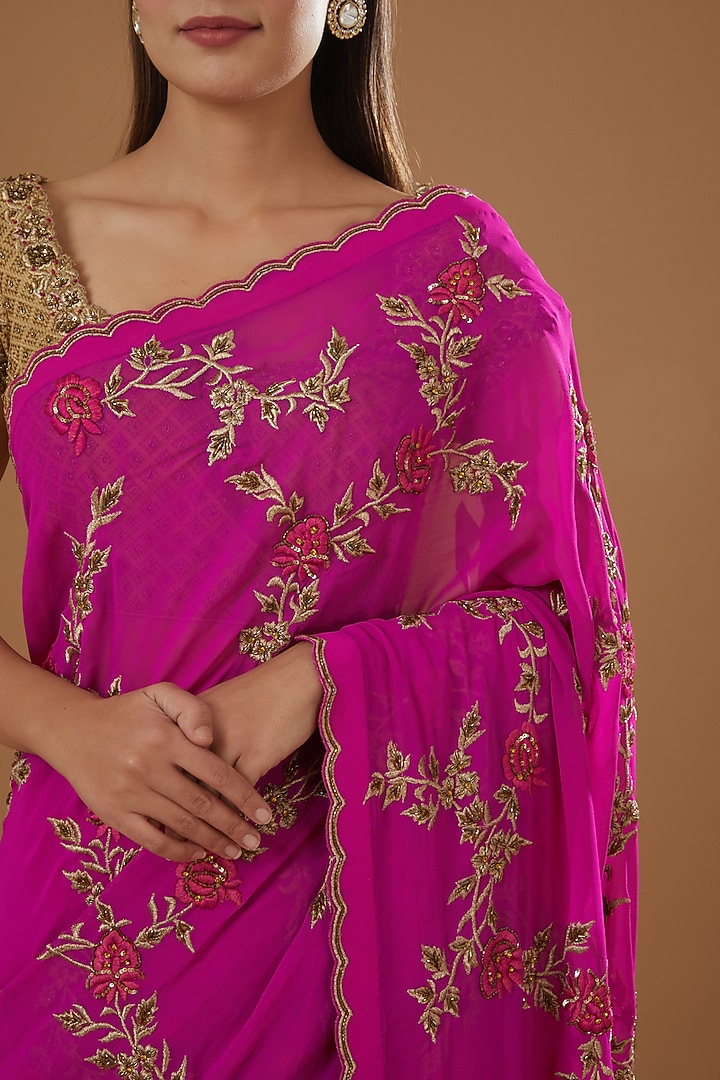 Fuchsia Georgette Embroidered Party Wear Saree Set by NITIKA GUJRAL at Pernia's Pop Up Shop