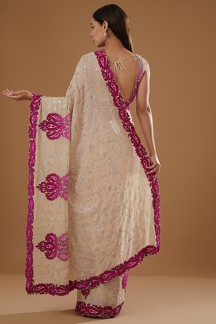 Pink Net Applique Embroidered Wedding Saree Set by NITIKA GUJRAL at Pernia's Pop Up Shop
