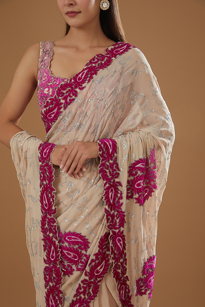 Pink Net Applique Embroidered Wedding Saree Set by NITIKA GUJRAL at Pernia's Pop Up Shop