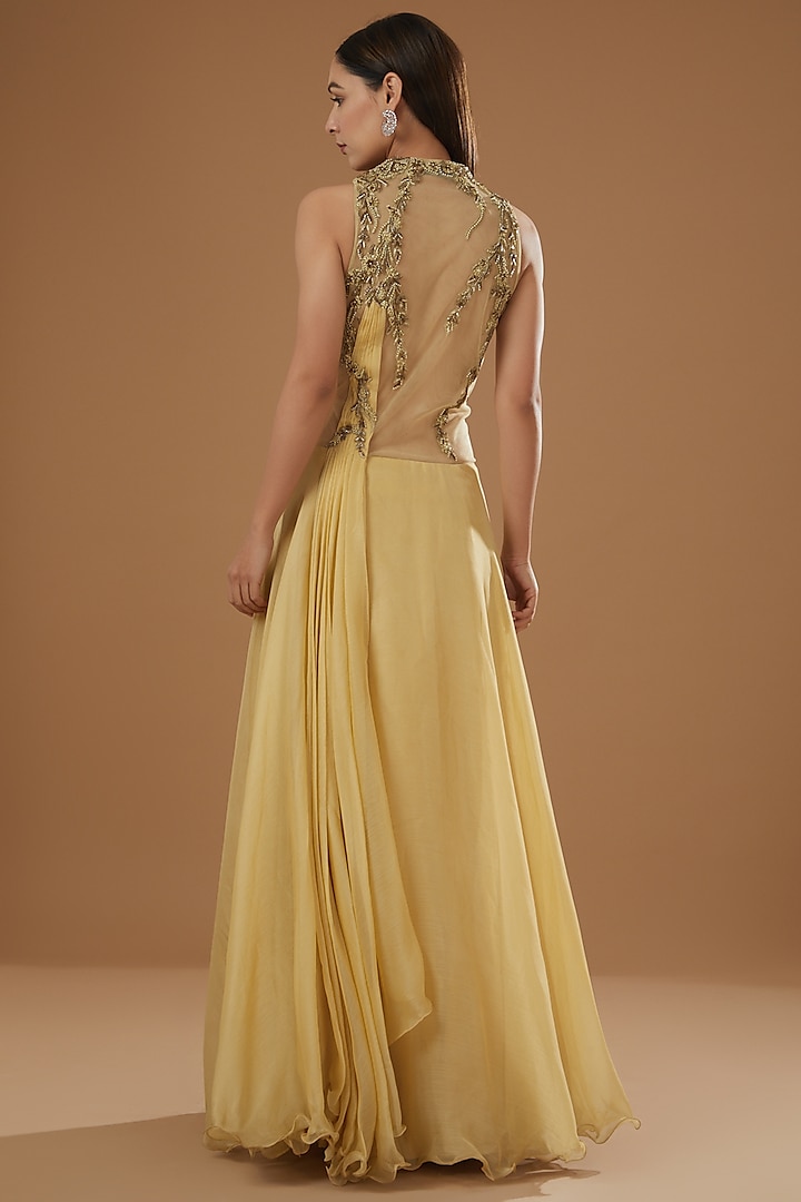 Gold Chiffon Embroidered Party Wear Gown by NITIKA GUJRAL at Pernia's Pop Up Shop