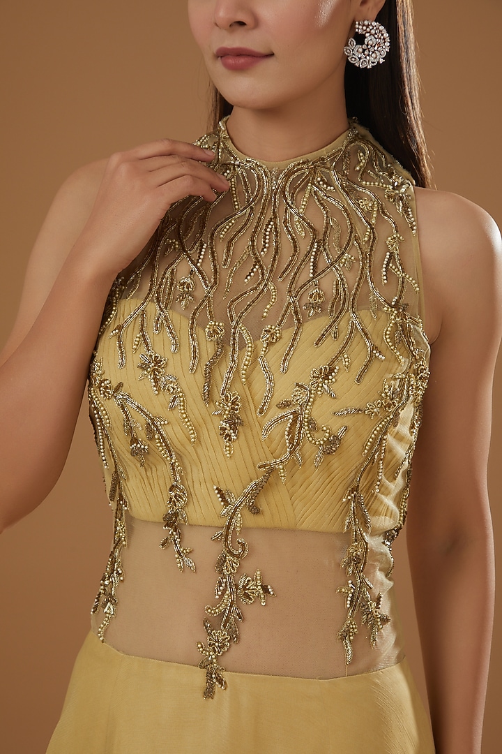 Gold Chiffon Embroidered Party Wear Gown by NITIKA GUJRAL at Pernia's Pop Up Shop