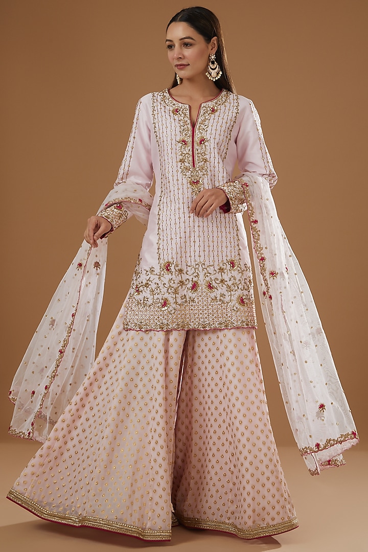 Baby Pink Raw Silk Gharara Set by NITIKA GUJRAL