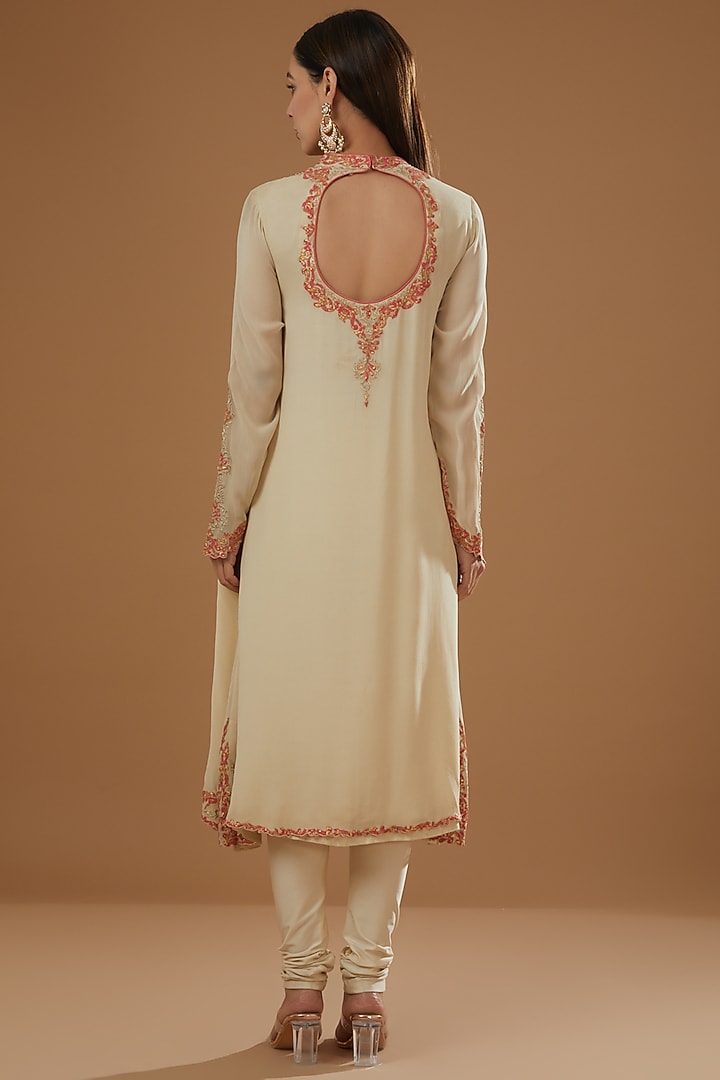 Cream Georgette Applique Embroidered Kurta Set by NITIKA GUJRAL at Pernia's Pop Up Shop