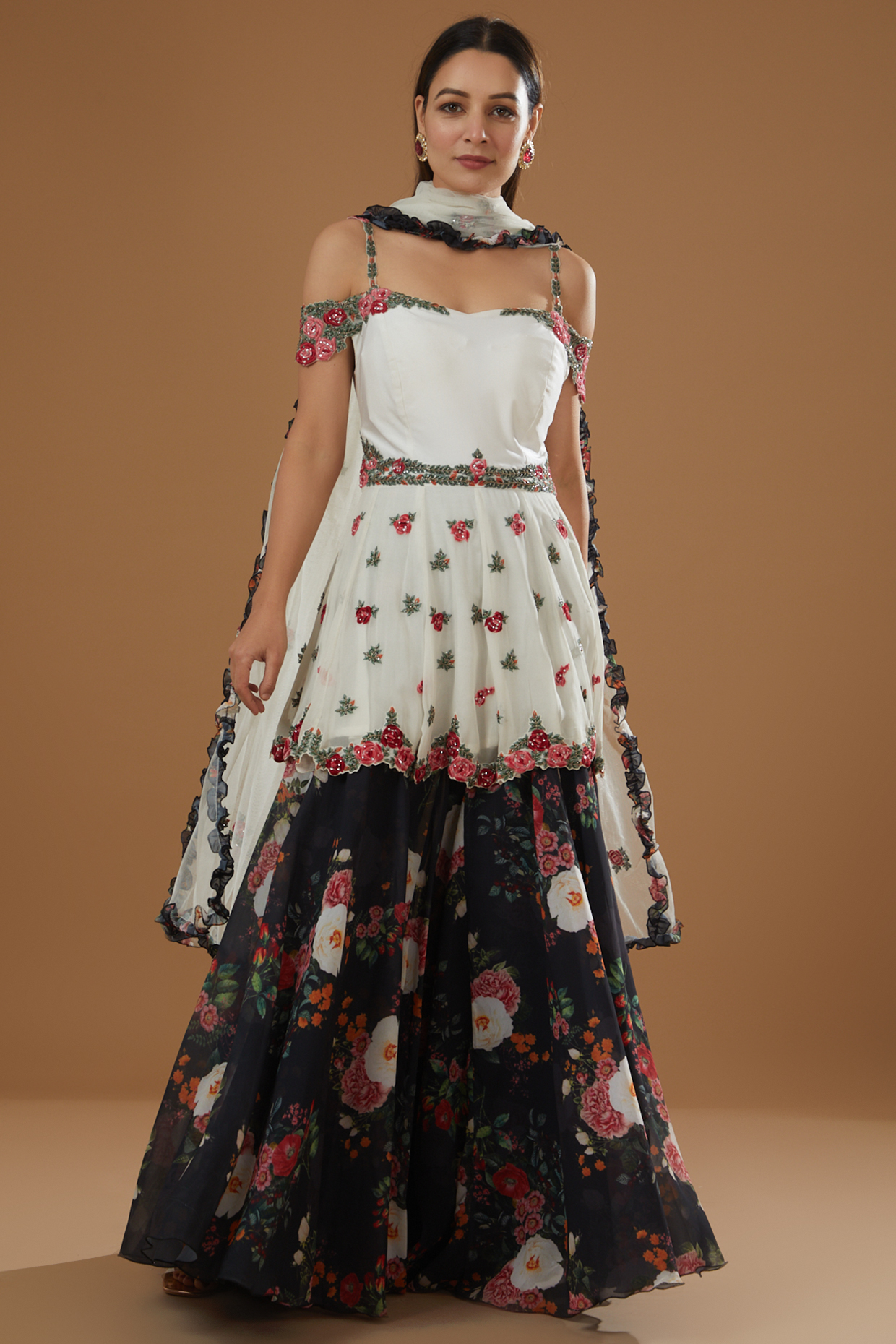 Black Georgette Floral Printed Gharara Set by NITIKA GUJRAL at Pernia's Pop Up Shop