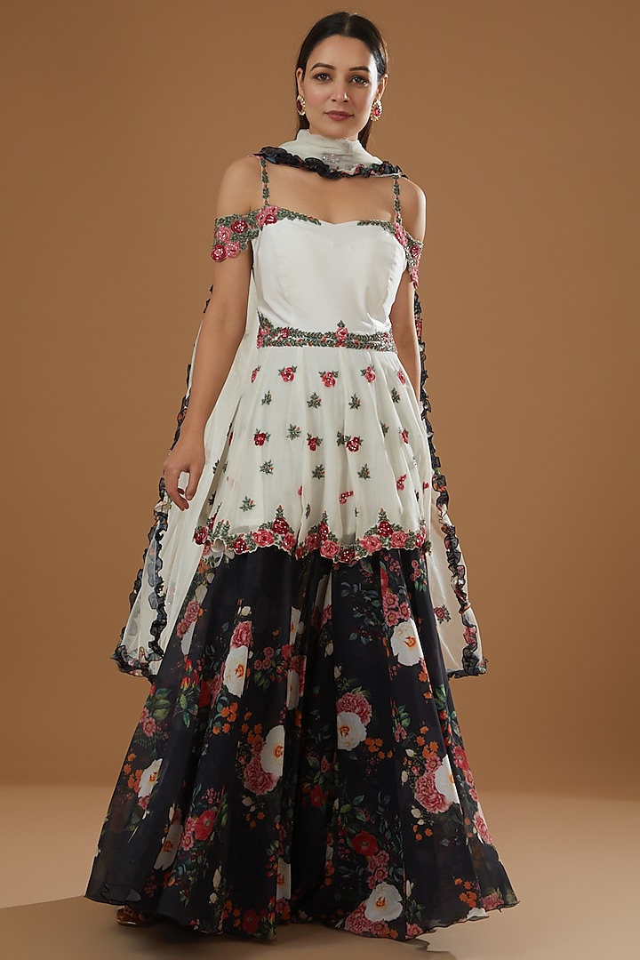 Black Georgette Floral Printed Gharara Set by NITIKA GUJRAL at Pernia's Pop Up Shop