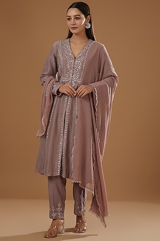 Dusty Rose Chanderi Cotton Jacket Kurta Set by NITIKA GUJRAL