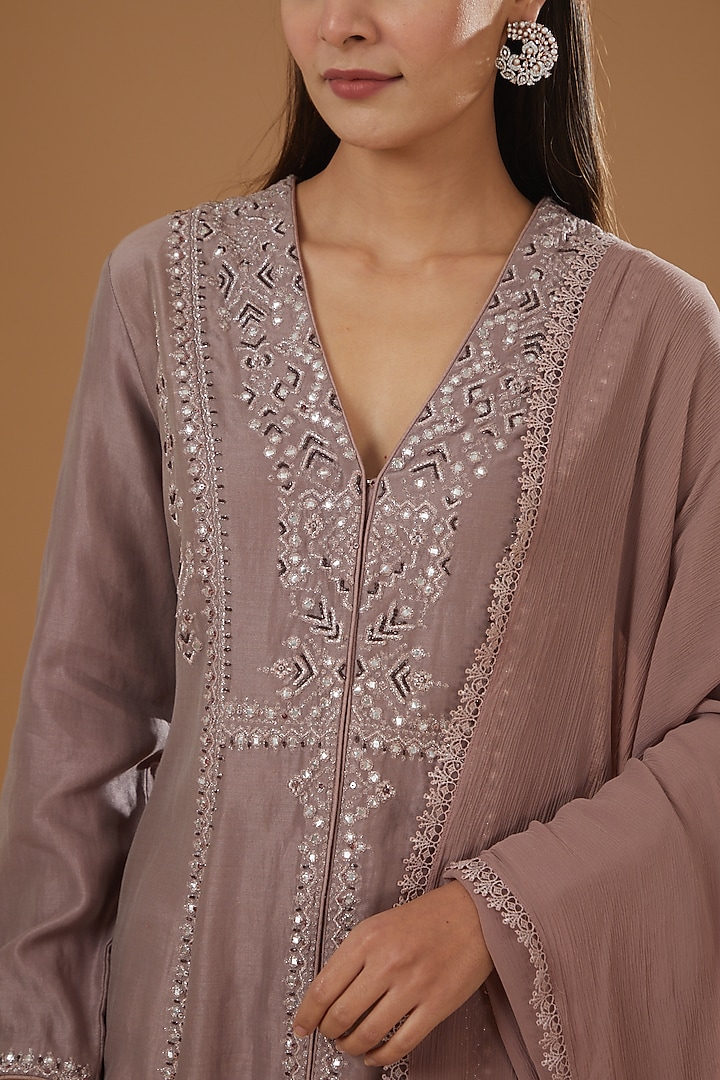 Dusty Rose Chanderi Cotton Jacket Kurta Set by NITIKA GUJRAL at Pernia's Pop Up Shop