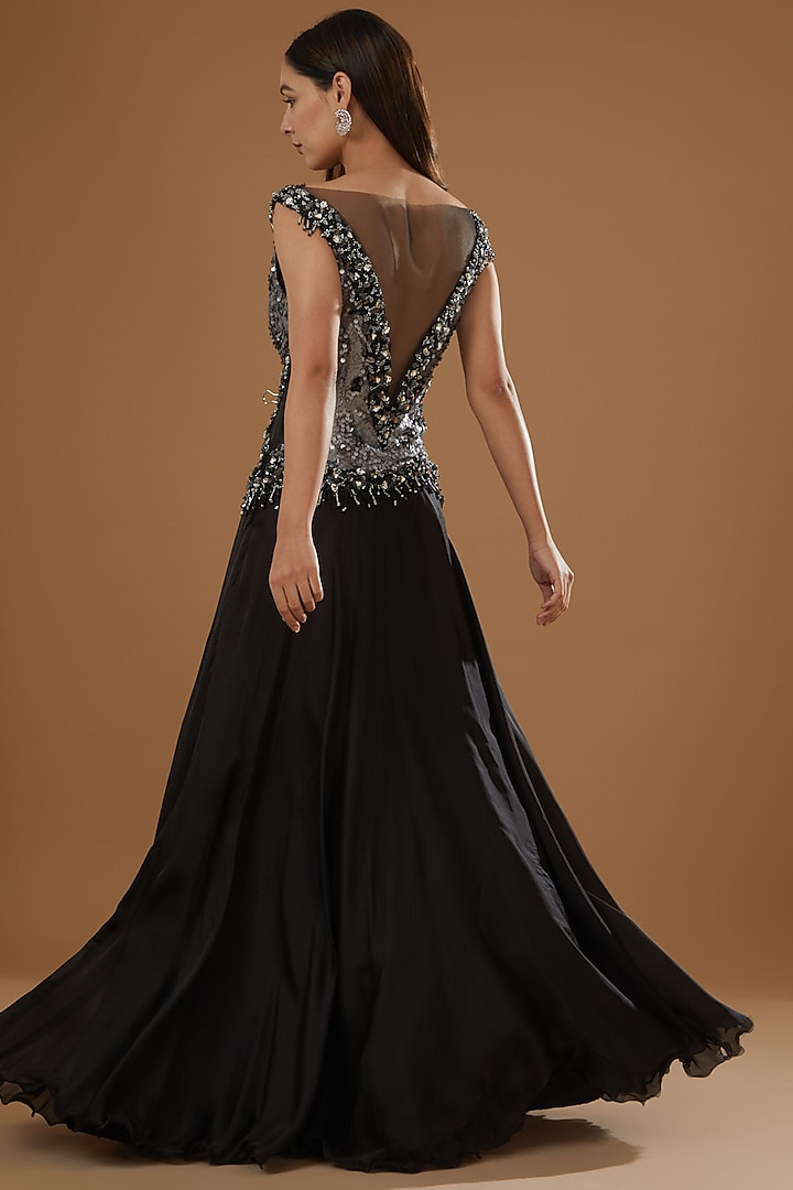 Metallic Grey & Black Satin Embroidered Engagement Gown by NITIKA GUJRAL at Pernia's Pop Up Shop