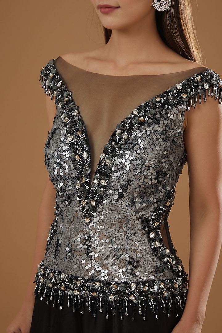 Metallic Grey & Black Satin Embroidered Engagement Gown by NITIKA GUJRAL at Pernia's Pop Up Shop