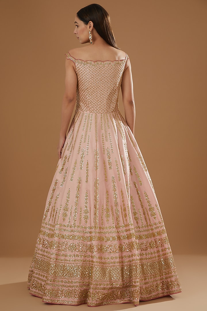Peach Taffeta Golden Embroidered Wedding Gown With Dupatta by NITIKA GUJRAL at Pernia's Pop Up Shop