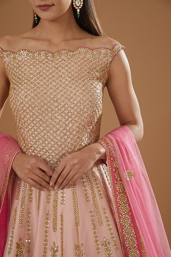 Peach Taffeta Golden Embroidered Wedding Gown With Dupatta by NITIKA GUJRAL at Pernia's Pop Up Shop