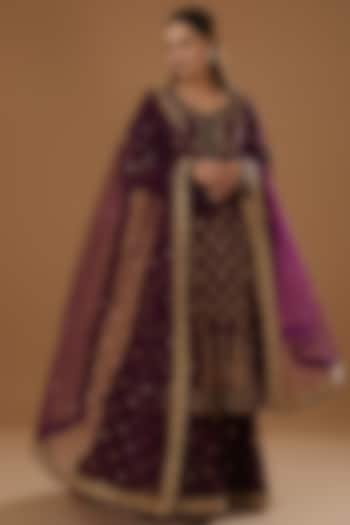 Wine Raw Silk Boota Embroidered Sharara Set by NITIKA GUJRAL at Pernia's Pop Up Shop