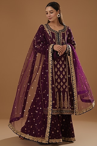 Wine Raw Silk Boota Embroidered Sharara Set by NITIKA GUJRAL