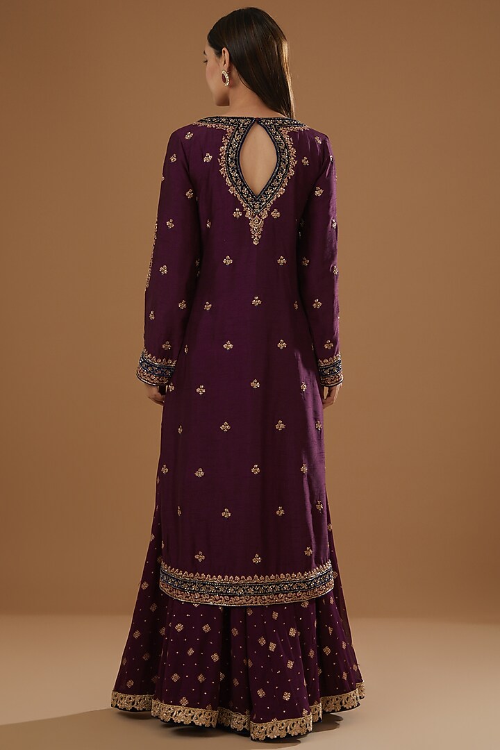 Wine Raw Silk Boota Embroidered Wedding Sharara Set by NITIKA GUJRAL at Pernia's Pop Up Shop