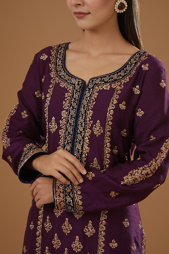 Wine Raw Silk Boota Embroidered Wedding Sharara Set by NITIKA GUJRAL at Pernia's Pop Up Shop