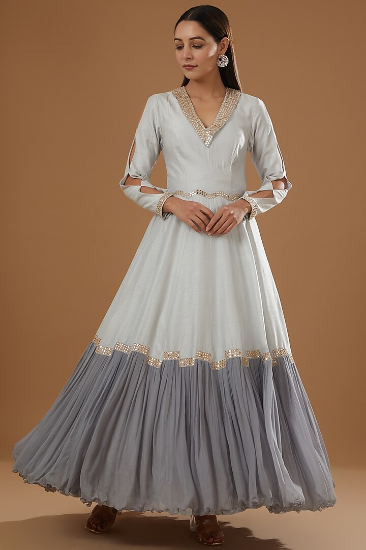 Grey Dual Tone Raw Silk Wedding Gown by NITIKA GUJRAL at Pernia's Pop Up Shop