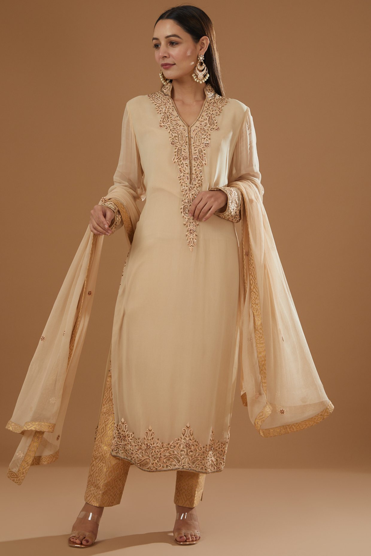 Beige Peach Georgette & Brocade Kurta Set by NITIKA GUJRAL at Pernia's Pop Up Shop