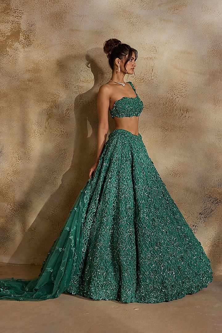 Forest Green Tulle Sequins Embroidered Bridal Lehenga Set by NITIKA GUJRAL at Pernia's Pop Up Shop