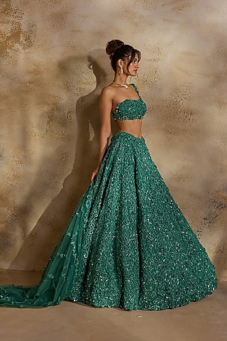 Forest Green Tulle Sequins Embroidered Lehenga Set by NITIKA GUJRAL
