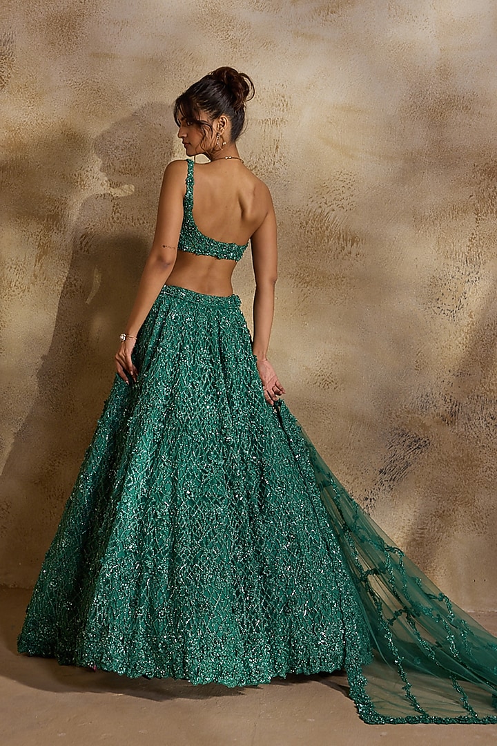 Forest Green Tulle Sequins Embroidered Bridal Lehenga Set by NITIKA GUJRAL at Pernia's Pop Up Shop