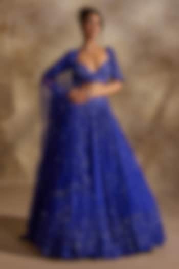 Electric Blue Tulle Crystal Embroidered Bridal Lehenga Set by NITIKA GUJRAL at Pernia's Pop Up Shop