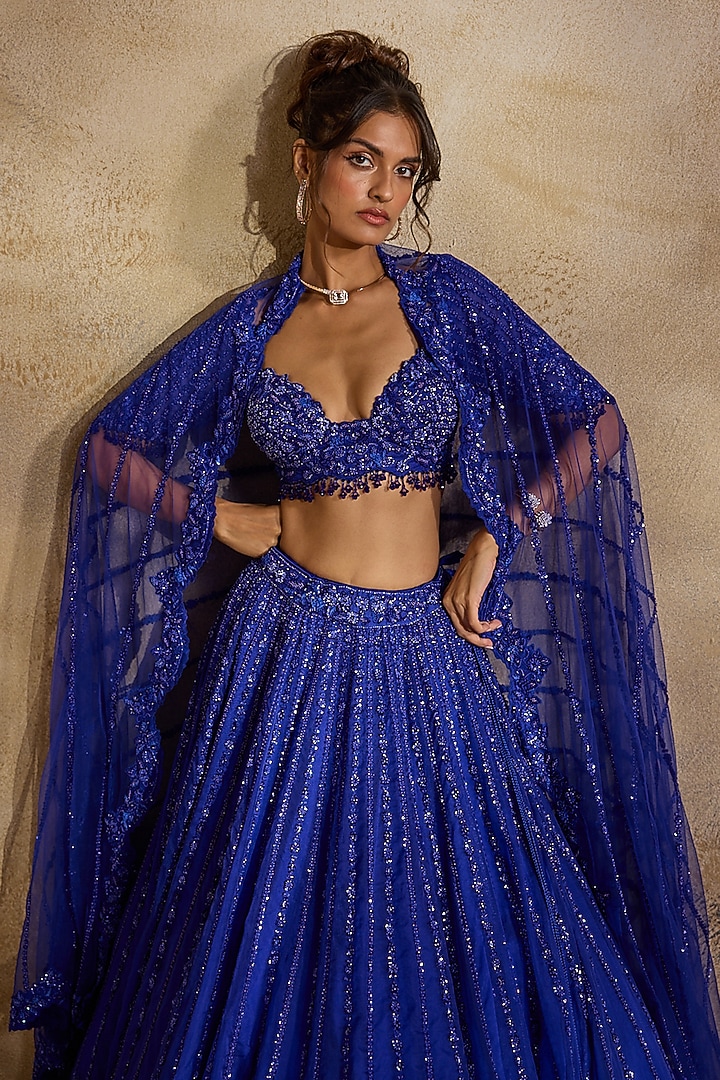 Electric Blue Tulle Crystal Embroidered Bridal Lehenga Set by NITIKA GUJRAL at Pernia's Pop Up Shop