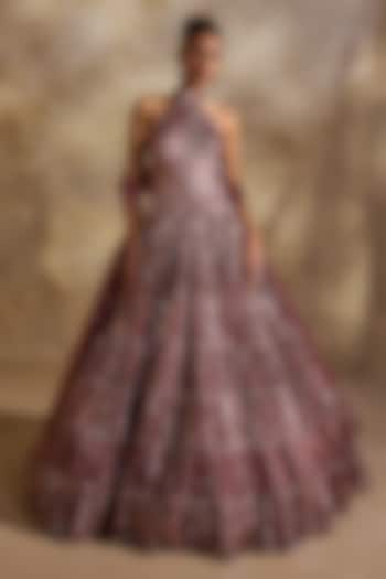 Old Rose Tulle Crystal Embellished Halter-Neck Bridal Gown by NITIKA GUJRAL at Pernia's Pop Up Shop