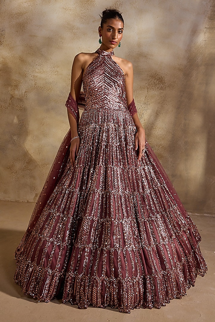 Old Rose Tulle Crystal Embellished Halter-Neck Bridal Gown by NITIKA GUJRAL at Pernia's Pop Up Shop