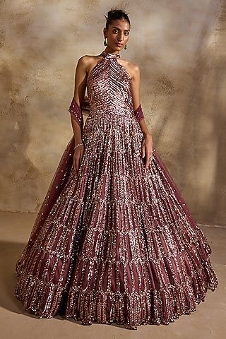 Old Rose Tulle Crystal Embellished Halter-Neck Gown by NITIKA GUJRAL
