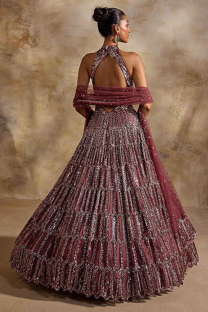 Old Rose Tulle Crystal Embellished Halter-Neck Bridal Gown by NITIKA GUJRAL at Pernia's Pop Up Shop