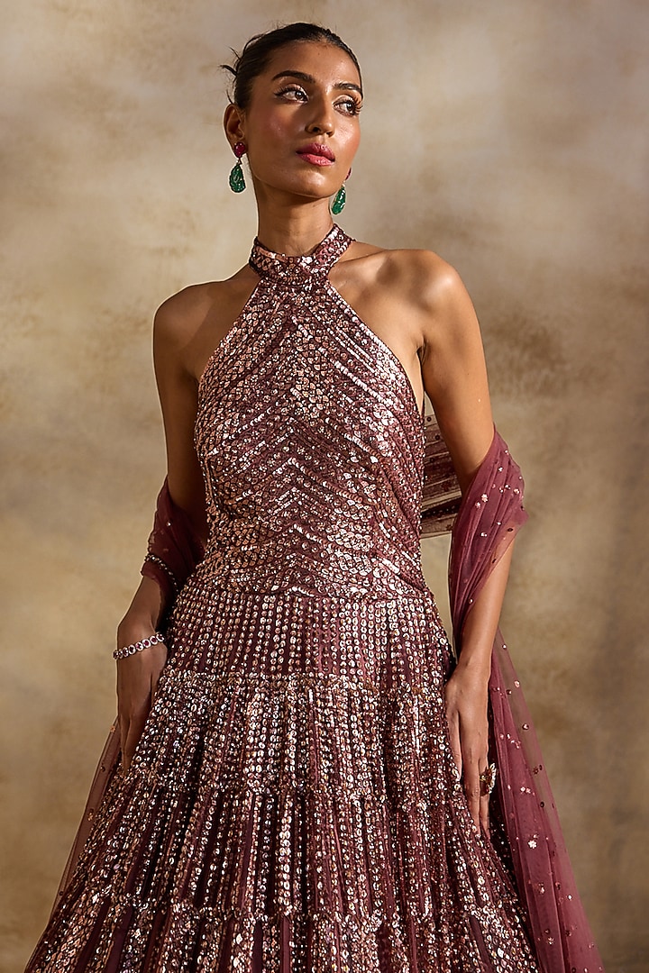 Old Rose Tulle Crystal Embellished Halter-Neck Bridal Gown by NITIKA GUJRAL at Pernia's Pop Up Shop