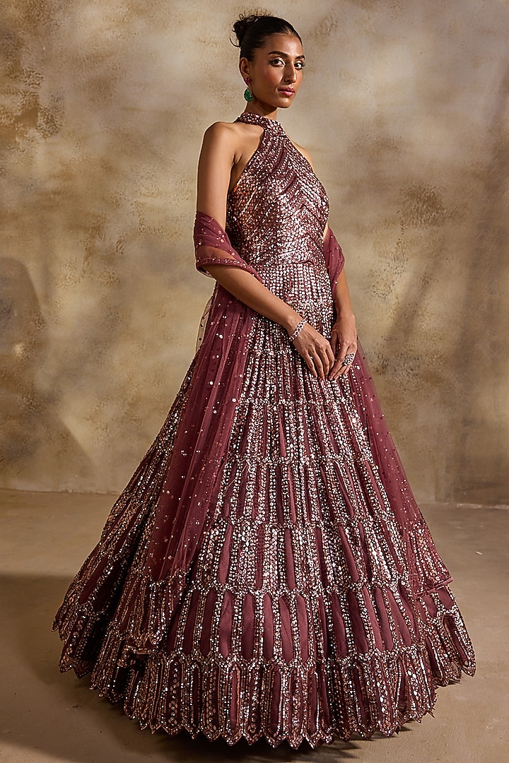 Old Rose Tulle Crystal Embellished Halter-Neck Bridal Gown by NITIKA GUJRAL at Pernia's Pop Up Shop