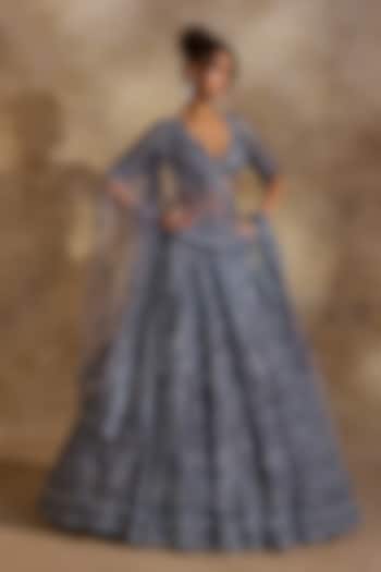 Stone Grey Tulle Crystal Embellished Bridal Lehenga Set by NITIKA GUJRAL at Pernia's Pop Up Shop