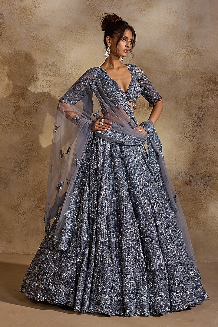 Stone Grey Tulle Crystal Embellished Bridal Lehenga Set by NITIKA GUJRAL at Pernia's Pop Up Shop