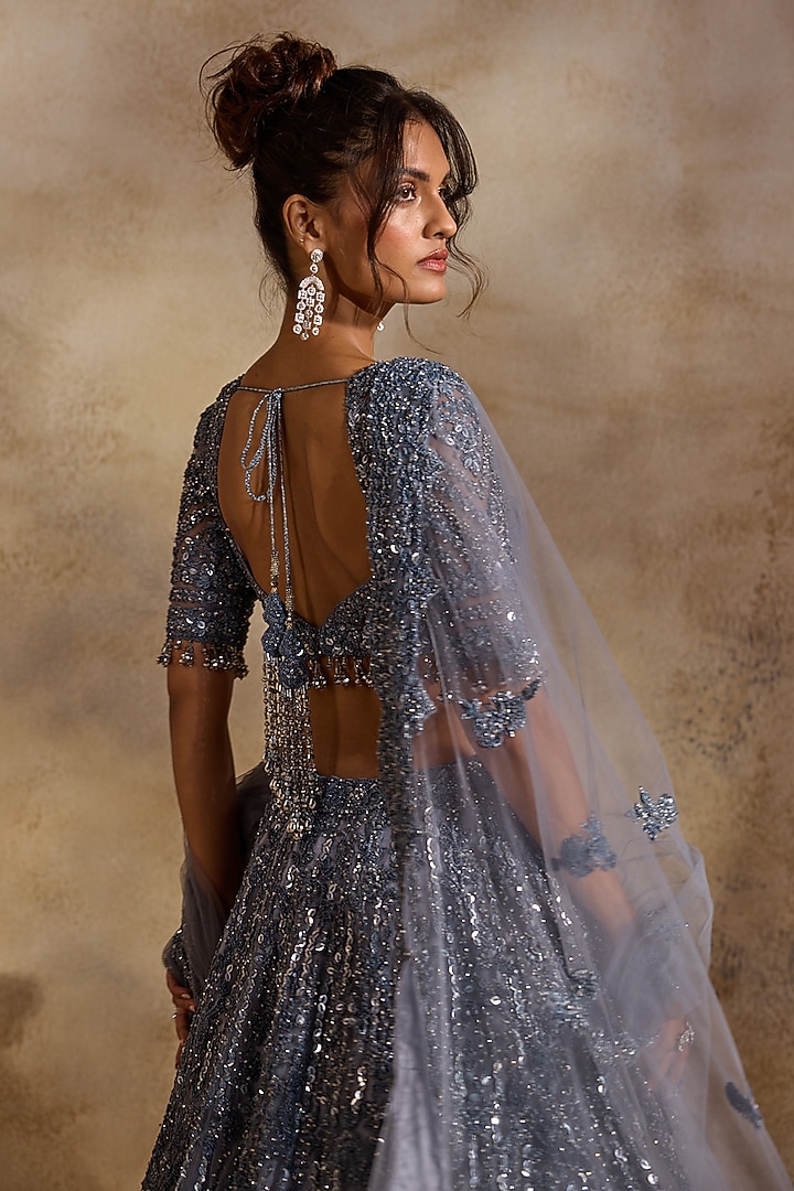 Stone Grey Tulle Crystal Embellished Bridal Lehenga Set by NITIKA GUJRAL at Pernia's Pop Up Shop