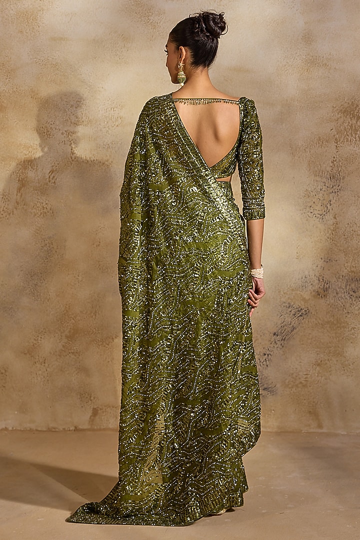 Olive Green Organza Sequins Embroidered Bridal Saree Set by NITIKA GUJRAL at Pernia's Pop Up Shop