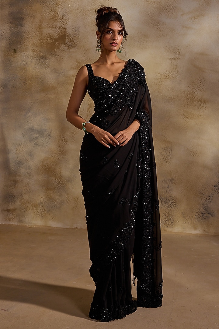 Black Georgette Sequins Embroidered Bridal Saree Set by NITIKA GUJRAL at Pernia's Pop Up Shop