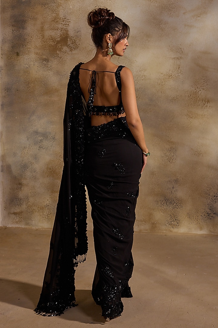 Black Georgette Sequins Embroidered Bridal Saree Set by NITIKA GUJRAL at Pernia's Pop Up Shop