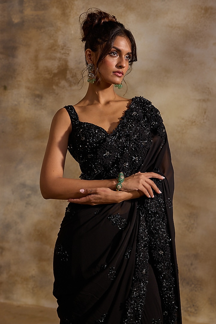 Black Georgette Sequins Embroidered Bridal Saree Set by NITIKA GUJRAL at Pernia's Pop Up Shop