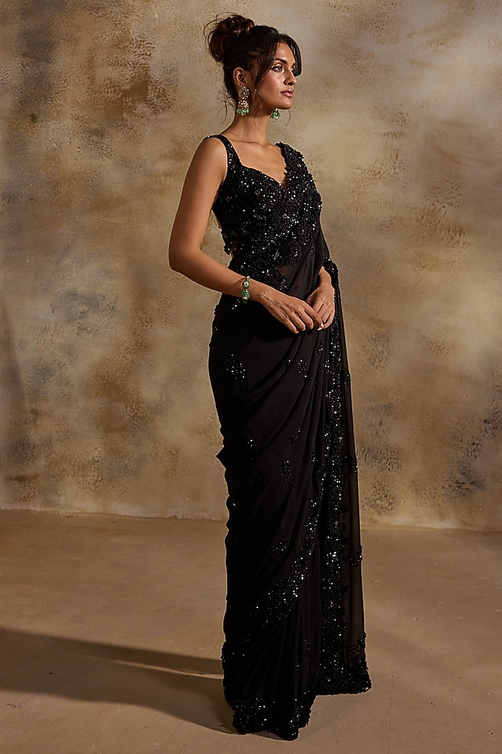 Black Georgette Sequins Embroidered Bridal Saree Set by NITIKA GUJRAL at Pernia's Pop Up Shop