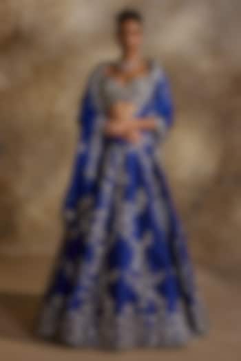Electric Blue Taffeta Floral Embroidered Bridal Lehenga Set by NITIKA GUJRAL at Pernia's Pop Up Shop
