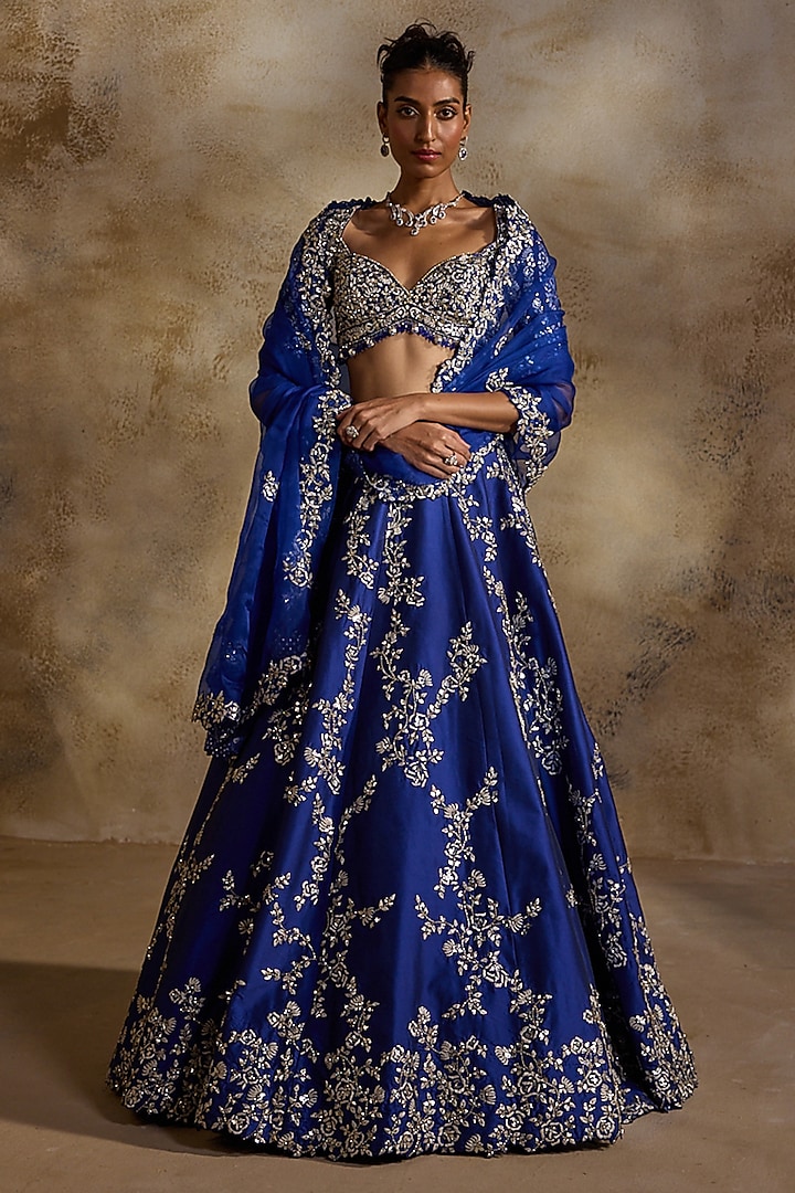 Electric Blue Taffeta Floral Embroidered Bridal Lehenga Set by NITIKA GUJRAL at Pernia's Pop Up Shop