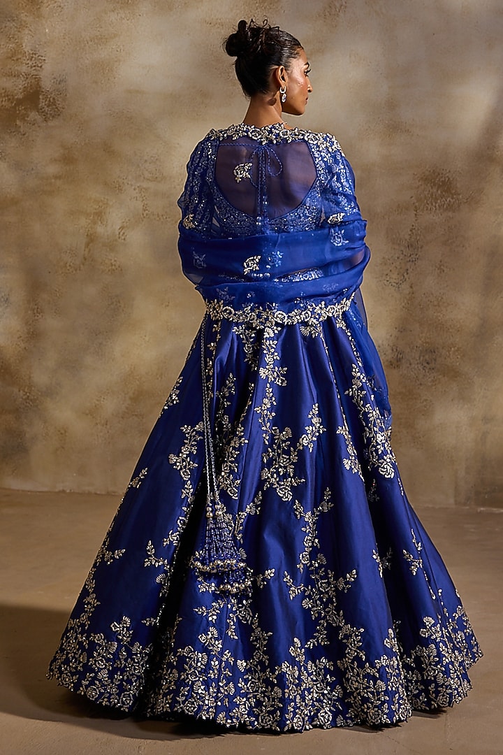 Electric Blue Taffeta Floral Embroidered Bridal Lehenga Set by NITIKA GUJRAL at Pernia's Pop Up Shop